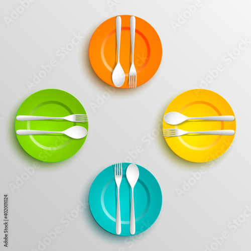 Plate, spoon and fork isolated on napkin background. Canteen icon. dining room badge. buffet icon. Here you can eat picture. Fast food restaurant badge. illustration