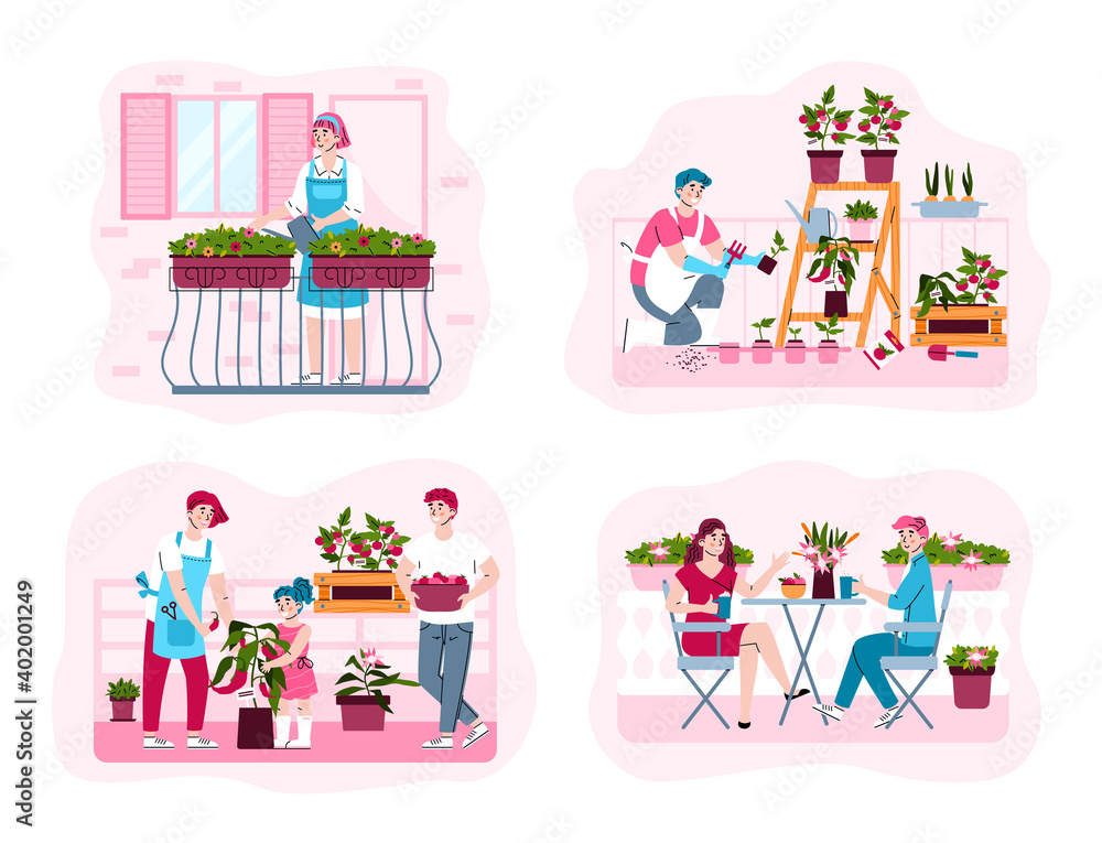 Urban farming or gardening concept. People watering flowers, care for green potted plants or sit the table and resting in home garden on city balcony. Vector isolated illustrations