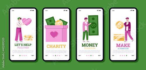Charity aid concept. People donate money for help poor in social shelters. Volunteers with love collect cash in donation box for support needy. Set of vector mobile phone screens