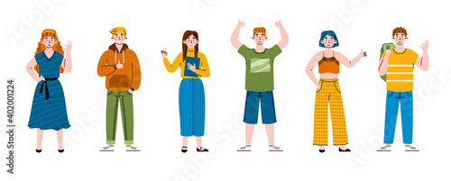 Positive people gesturing ok signs. A characters expression happy emotions, approval and agreement using ok, victory and thumb up hand gestures. Set of vector isolated illustrations