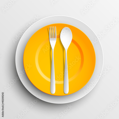 Plate, spoon and fork isolated on napkin background. Canteen icon. dining room badge. buffet icon. Here you can eat picture. Fast food restaurant badge. illustration