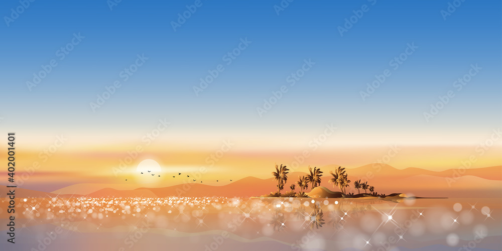Sunset with orange and blue sky in evening, Panorama Tropical seascape of blue ocean and coconut palm tree on island,Vector illustration beautiful nature seaside in morning on summer