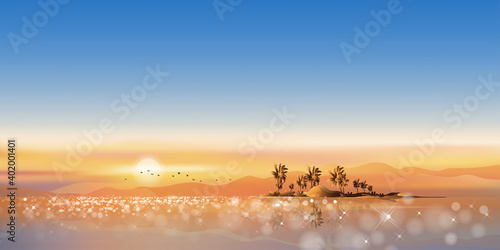 Sunset with orange and blue sky in evening  Panorama Tropical seascape of blue ocean and coconut palm tree on island Vector illustration beautiful nature seaside in morning on summer