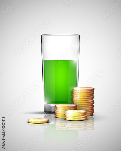 Glass of drink with pile gold coins on bottom. Savings when choosing a drink
