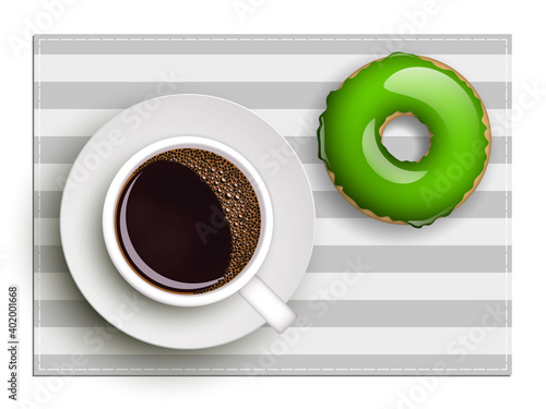Cup of coffee on warfare dish, donut in glaze. Breakfast image, top view. Morning drink with sweetness. Hot coffee cup on white platter, donut glaze. Light snack top banner. Still life dessert