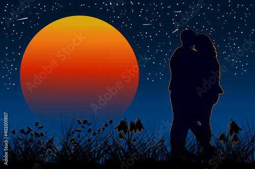 

Loving couple enamored  on the night sky with shining stars. Couple in evening under the orange sun. Romantic of silhouette a couple in love. For card, poster for Valentines Day. Vector illustration