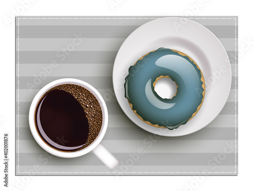 Cup of coffee on warfare dish, donut in glaze. Breakfast image, top view. Morning drink with sweetness. Hot coffee cup on white platter, donut glaze. Light snack top banner. Still life dessert