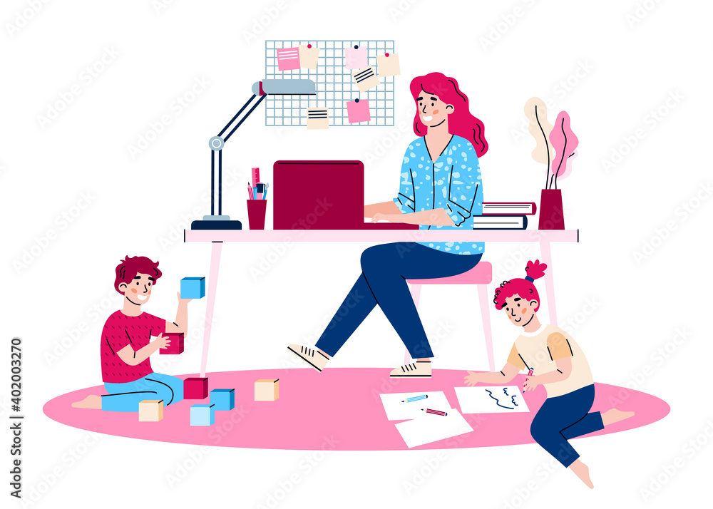 Mother working at home. Young woman sitting at desk with computer near with playing children. Freelance, business, remote work, parenthood and care children. Vector illustration. Mother working at home. Young woman sitting at desk with computer near with playing children. Freelance, business, remote work, parenthood and care children. Vector illustration.