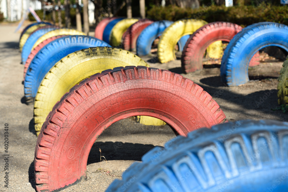 Tires for jumping at a play ground