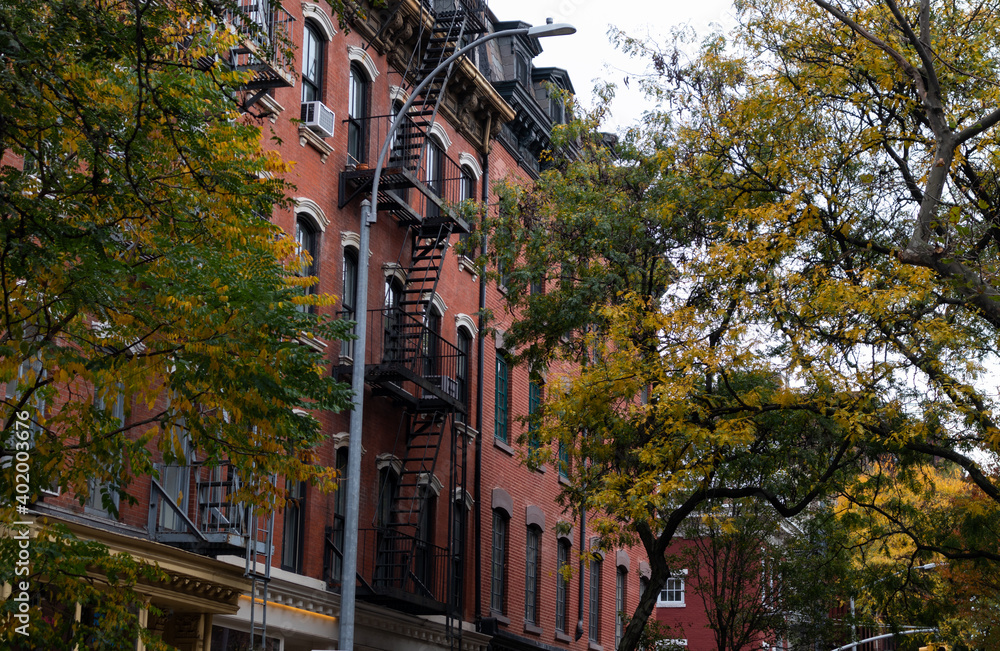 Row of Old Brick Apartment Buildings in Greenwich Village of New York City with Colorful Trees during Autumn