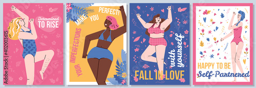 Body positivity and self love poster set. Cartoon women in swimsuits with female empowerment message text, vector illustration of confident self partnered girls.