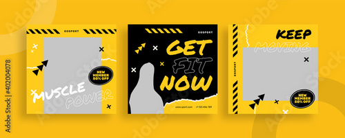 Set of editable templates for Instagram post, Facebook square, social media, gym, sport, fitness, advertisement, and business promotion, fresh design with yellow color and minimalist vector (2/3)