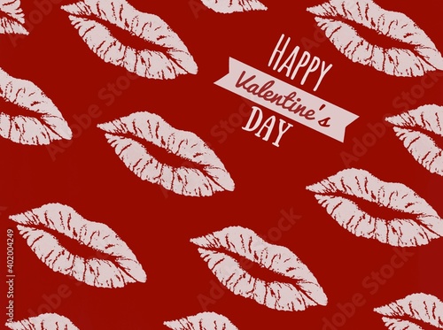 Happy Valentine's Day text and seamless background with lips. Digital painting