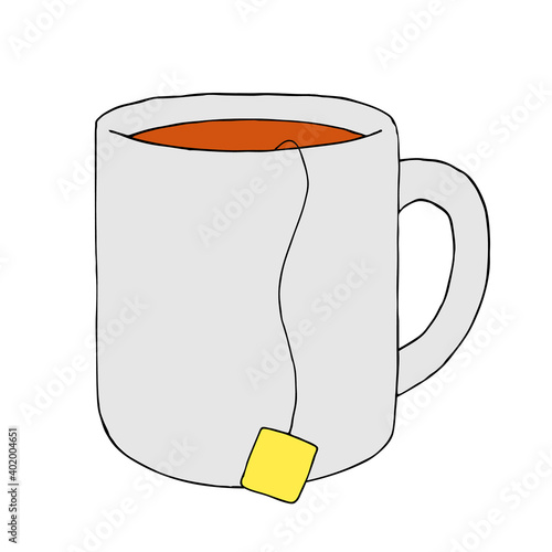 Simple mug of tea with a tea bag on white background isolated. Hand drawn illustration, vector