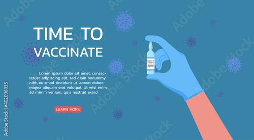 time to vaccinate web banner concept, doctor hands wearing rubber glove with ampule vaccine bottle for the treatment of influenza virus, vector flat illustration
