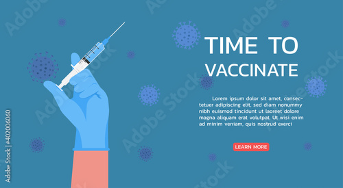 time to vaccinate web banner concept, doctor hands wearing rubber glove with syringe and needle, medical flu shot vaccine for the treatment of the virus, vector flat illustration