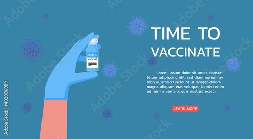 time to vaccinate concept, doctor hands wearing rubber glove with ampule vaccine bottle for the treatment of influenza virus, vector flat illustration
