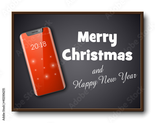 Greeting card Merry Christmas and Happy New Year holiday cellular telephone banner. Festive card congratulation Christmas holiday new model mobile phone, smartphone icon on school board, communicator