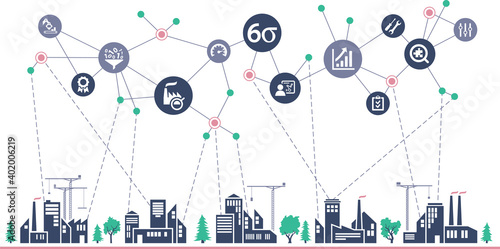 lean management vector illustration. Concept with connected icons related to six sigma or lean manufacturing process and performance improvement methods.