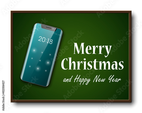 Greeting card Merry Christmas and Happy New Year holiday cellular telephone banner. Festive card congratulation Christmas holiday new model mobile phone, smartphone icon on school board, communicator