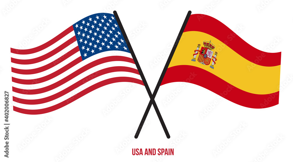 USA and Spain Flags Crossed And Waving Flat Style. Official Proportion. Correct Colors.