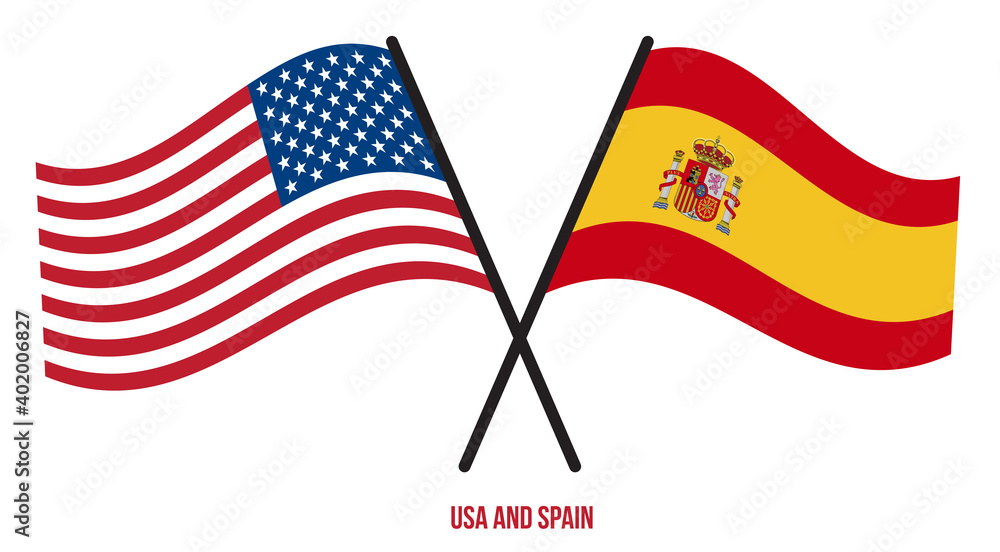 USA and Spain Flags Crossed And Waving Flat Style. Official Proportion. Correct Colors. USA and Spain Flags Crossed And Waving Flat Style. Official Proportion. Correct Colors.