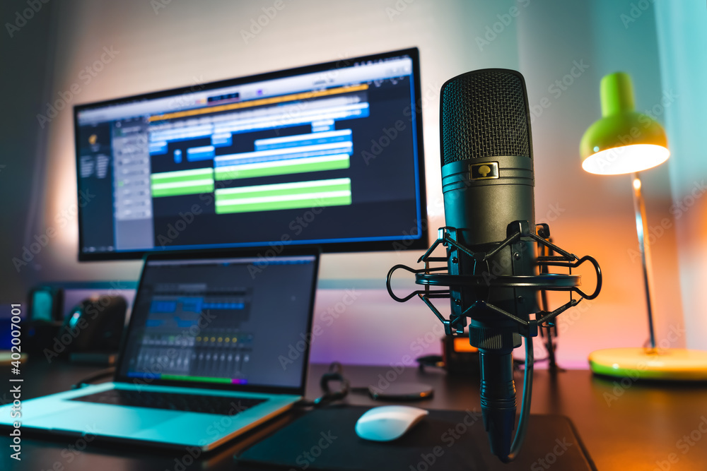 Setup podcast sound waves with microphone home office Stock Photo | Adobe  Stock