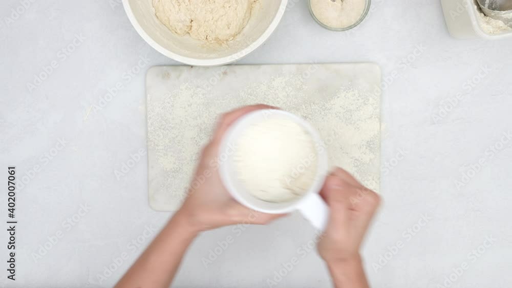 Step by step bread dough recipe. Chef kneading dough. Close up baking process, flat lay Step by step bread dough recipe. Chef kneading dough. Close up baking process, flat lay