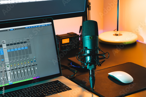 Setup podcast sound waves with microphone home office
 photo