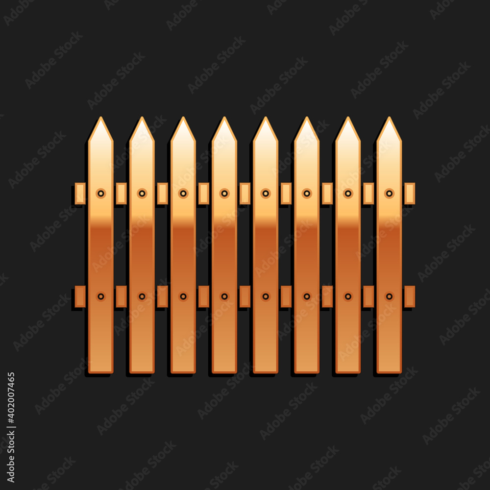 Gold Fence wooden icon isolated on black background. Garden fence sign. Long shadow style. Vector. Gold Fence wooden icon isolated on black background. Garden fence sign. Long shadow style. Vector.