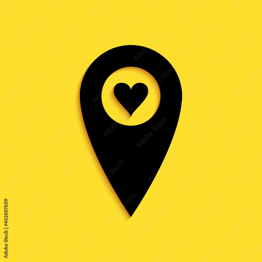Black Map pointer with heart icon isolated on yellow background. Valentines day. Love location. Romantic map pin. Long shadow style. Vector.