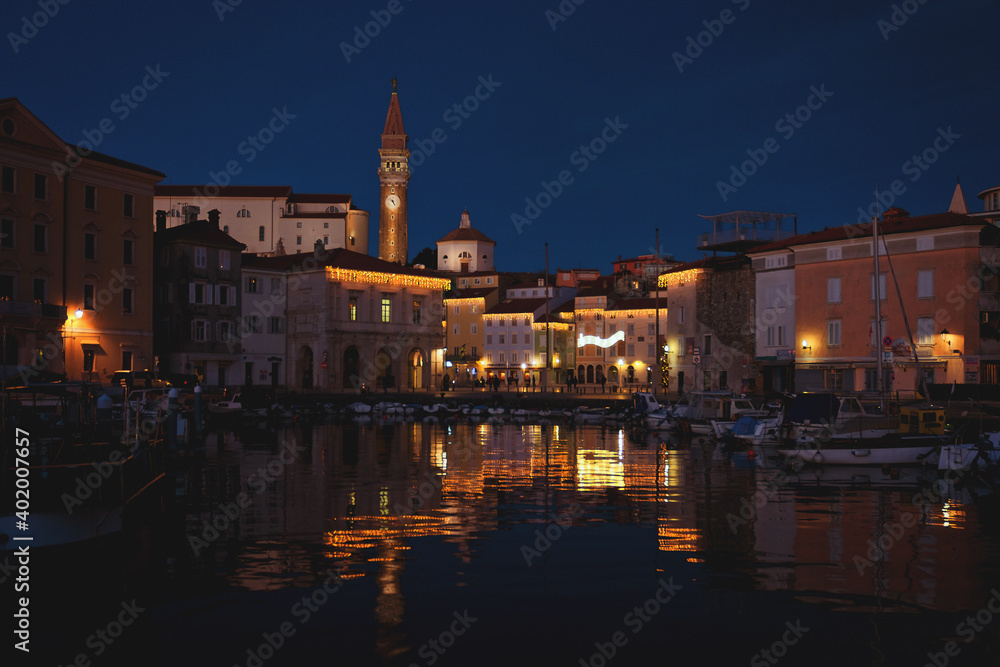 Old town of city at the Adriatic coast in winter, Piran, Slovenia. 14.12.2020.