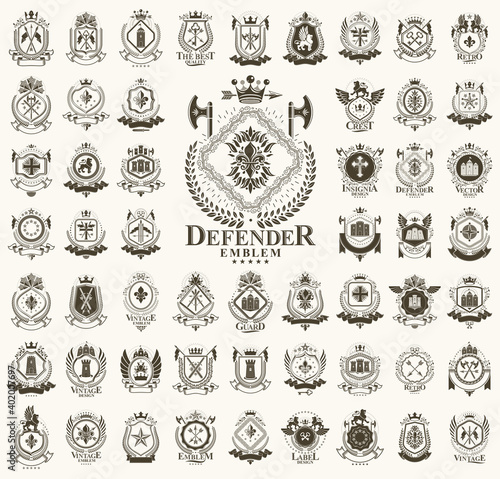 Heraldic Coat of Arms vector big set, vintage antique heraldic badges and awards collection, symbols in classic style design elements, family or business logos. photo