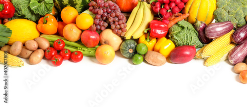Fototapeta Naklejka Na Ścianę i Meble -  Assortment of fresh organic fruits and vegetables on white background. Banner design