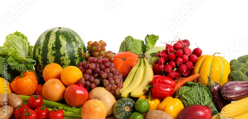 Assortment of fresh organic fruits and vegetables on white background. Banner design © New Africa