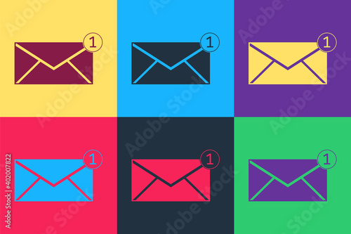 Pop art Envelope icon isolated on color background. Received message concept. New, email incoming message, sms. Mail delivery service. Vector.