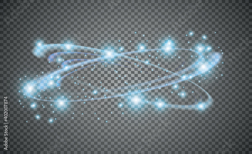 Circular lens flare transparent light effect. Abstract sparkling spark. Ellipse border. Shining shock. Rotational glow line. Power energy element. Glowing ring trace. Round shiny frame. Vector circle