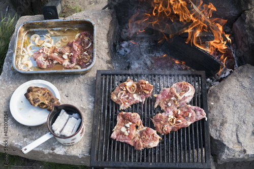 A top view of meat grilling on a barbecue by the firepla photo