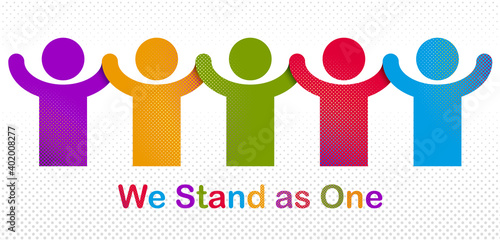 Worldwide people global society concept, different races solidarity, we stand as one, togetherness and friendship allegory, world unity cooperation, vector illustration logo or icon.