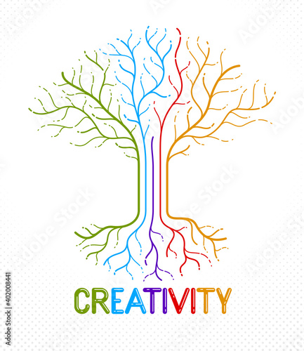 Creativity concept shown with colorful tree vector linear style icon or logo drawing.