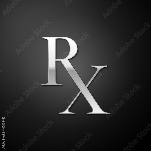 Silver Medicine symbol Rx prescription icon isolated on black background. Long shadow style. Vector.