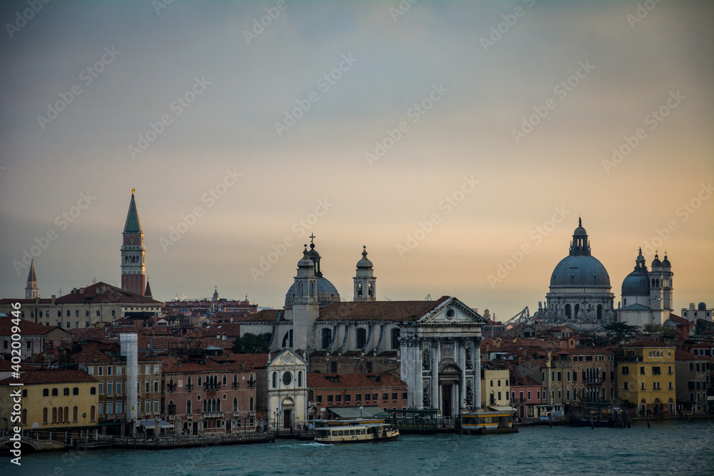 A view of sunrise from the roof of Venice, with some famous churches, like the 