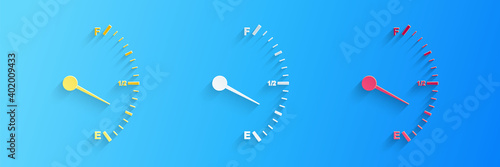 Paper cut Motor gas gauge icon isolated on blue background. Empty fuel meter. Full tank indication. Paper art style. Vector.