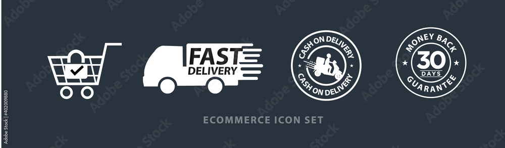 ecommerce vector icon set including, safe and secure shopping, fast delivery, cash on delivery, 30 days money back guarantee ecommerce vector icon set including, safe and secure shopping, fast delivery, cash on delivery, 30 days money back guarantee