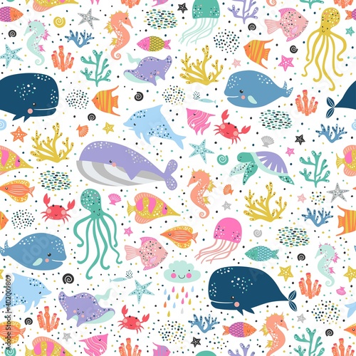 Sea life cute vector pattern. Vector illustration for kids design, wallpaper, wrapping, textile, package design.