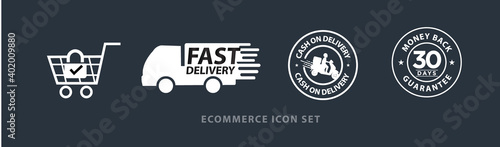 ecommerce vector icon set including, safe and secure shopping, fast delivery, cash on delivery, 30 days money back guarantee 