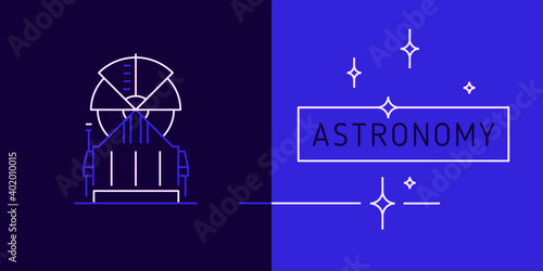 Contour illustration telescope building in trendy minimal style. Vector linear icon observatory. Thin line contour symbol of telescope for astronomy science emblem, astrophysics concept logo design. 