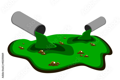 Green wastewater flowing from drains into rivers pollutes the environment flat vector.