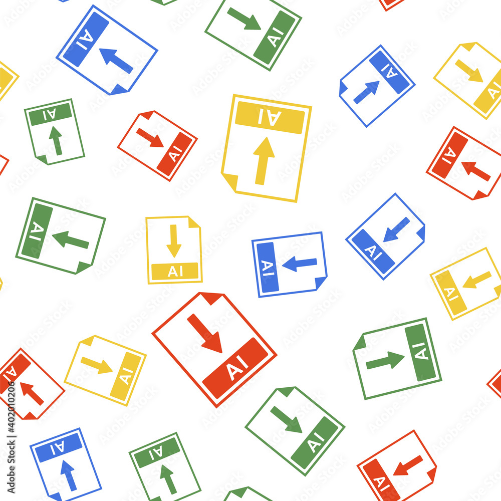 Fototapeta premium Color AI file document icon. Download AI button icon isolated seamless pattern on white background. Vector.