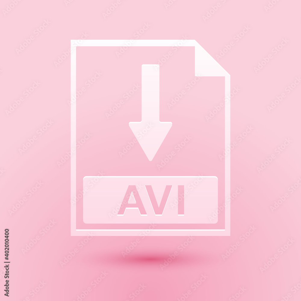 Paper cut AVI file document icon. Download AVI button icon isolated on pink background. Paper art style. Vector. Paper cut AVI file document icon. Download AVI button icon isolated on pink background. Paper art style. Vector.